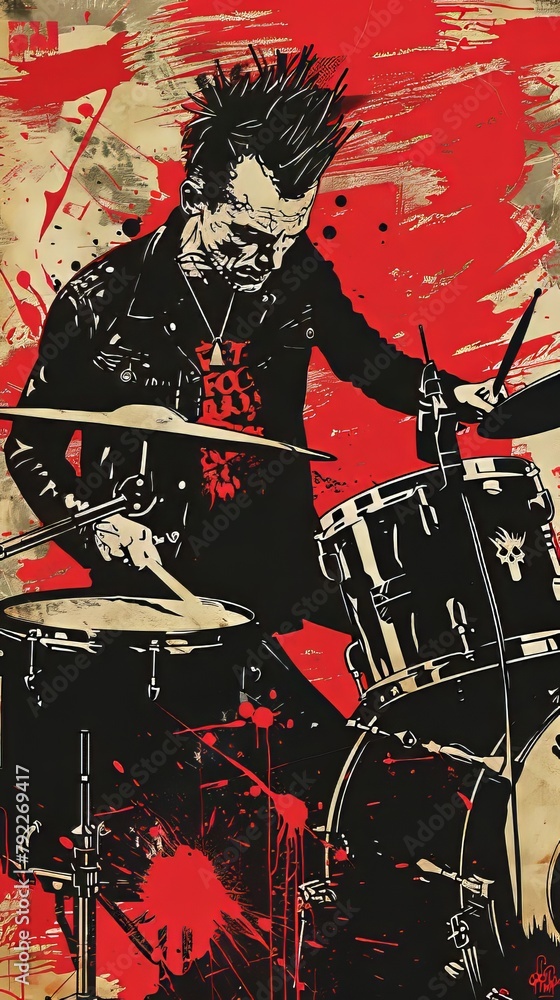 Sticker Drummer Punk Rock Poster, Red and Black Style