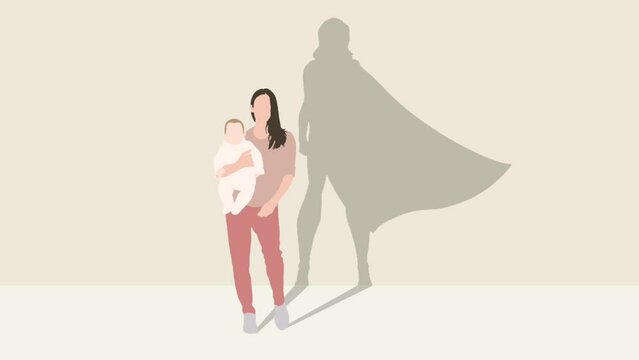 Animation of a mother carrying a child with a superhero shadow emerging behind her. Concept of mother's day, women's day and birthday - Powered by Adobe