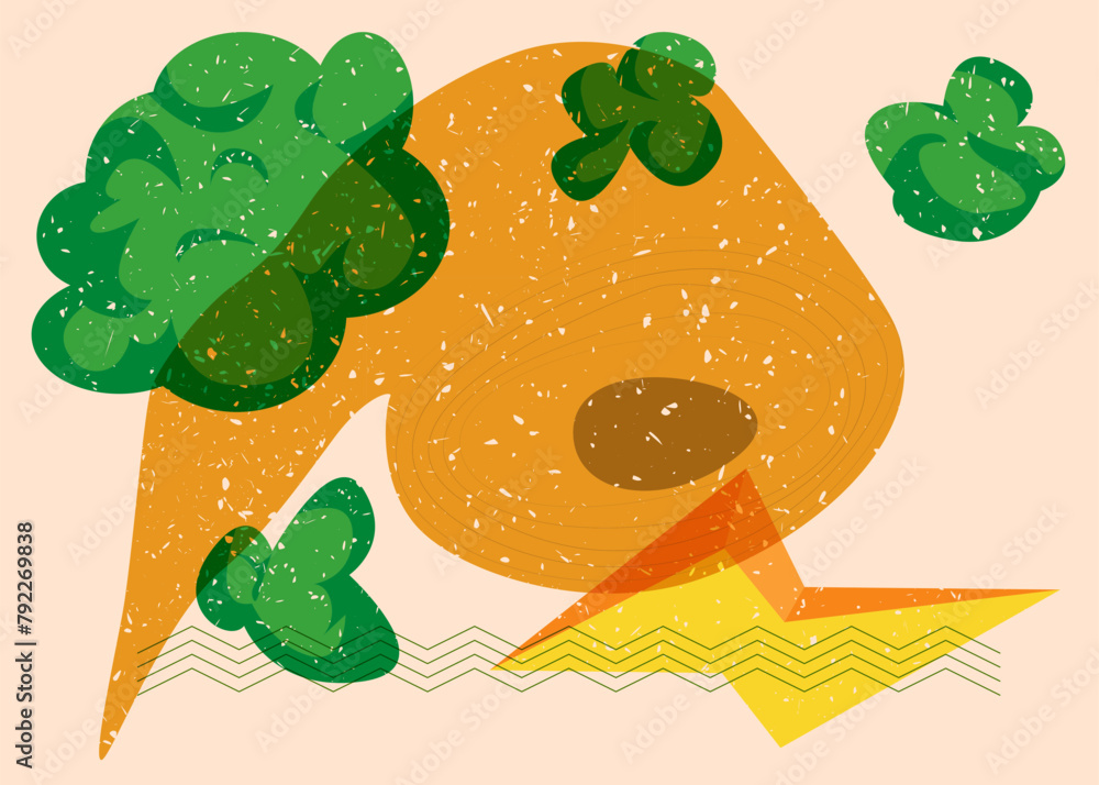 Poster risograph toilet paper with geometric shapes. objects in trendy riso graph print texture style desig