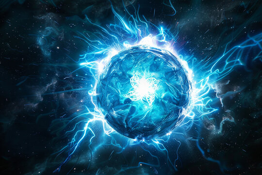 A stunning display of a glowing blue plasma ball, symbolizing energy and power Background dark space with a hint of distant stars Colors vibrant blues and whites, emana