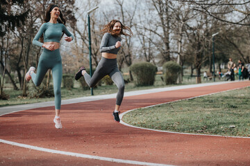 Two women jogging on a park pathway, showcasing determination and an active lifestyle.