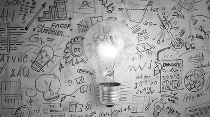 Illuminated Light Bulb Against Backdrop of Business Strategy Sketches
