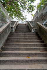 Stone staircase with stone railings leading to the top. The crown of a green tropical tree hangs over the stairs.