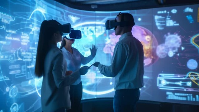 Vibrant virtual whiteboards surround a futuristic pod, where experts collaborate on immersive holographic projections. 