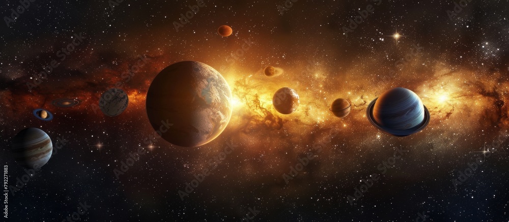 Poster numerous planets are closely gathered within the vastness of outer space, surrounded by twinkling st