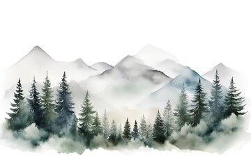 Watercolor mountain landscape with pine trees and fog. Hand drawn illustration. - obrazy, fototapety, plakaty