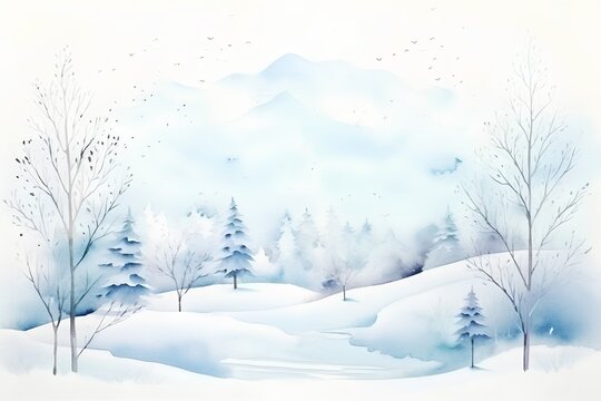 Winter landscape with trees and snowflakes. Watercolor illustration.