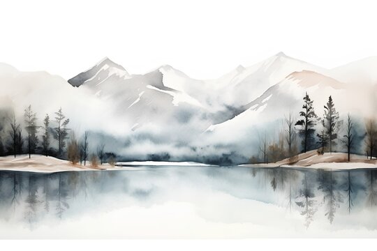 Watercolor winter landscape with mountains and lake. Hand drawn illustration.