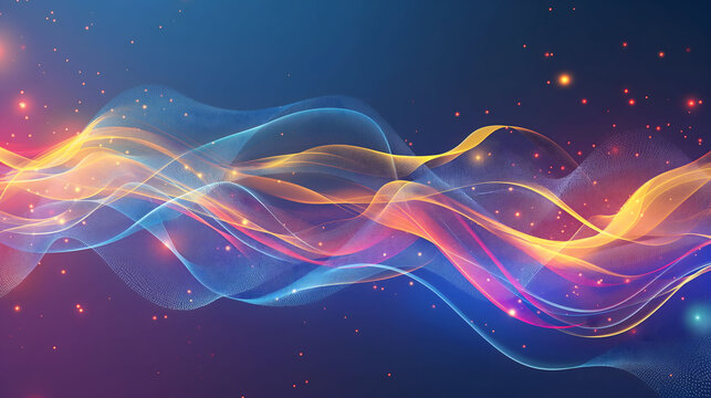 Vivid color glow wave shape. Abstract light lines create a dynamic energy pattern in this futuristic illustration. Glowing neon lines forming wave shaped wallpaper.	
