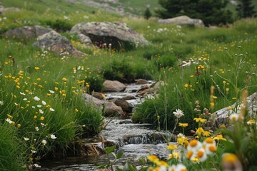 Alpine meadows with wildflowers and small streams flowing through them