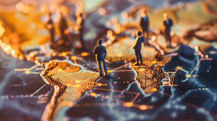 Miniature Figures on Detailed World Map Highlighting Global Interaction - obrazy, fototapety, plakaty