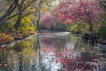 A tranquil babbling brook in Autumn with cherry blossom trees along its banks