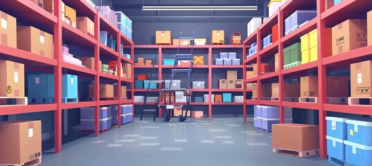 Retail warehouse with shelves on which are cardboard boxes delivery banner