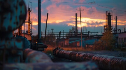 In a blurred dreamlike state the industrial surroundings merge with the sky as weary workers shuffle through a muted palette of rusty pipes and abandoned machinery the twilight hour . - obrazy, fototapety, plakaty