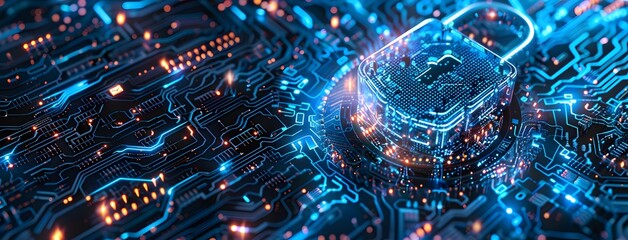 Futuristic digital padlock with holographic security symbols on circuit board background