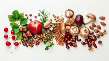 a culinary arrangement of nuts, herbs, mushrooms, berries, chestnuts, grain and an apple, plain white background  