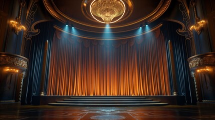 A majestic Art Deco theater stage set for a performance, adorned with lavish curtains and illuminated by spotlights, rendered with impeccable 3D realism