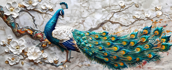 panel wall art, marble background with Peacock spread tail-feath
