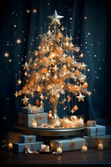 Christmas tree with candles and gifts on the background of a blue curtain