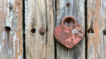 A heart-shaped lock attached to a weathered wooden fence, symbolizing eternal love. 