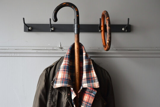 A vintage cane hanging on a coat rack 