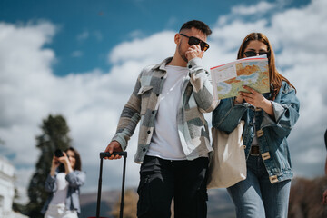 A young man and woman stand outdoors, thoughtfully looking at a map while holding luggage,...