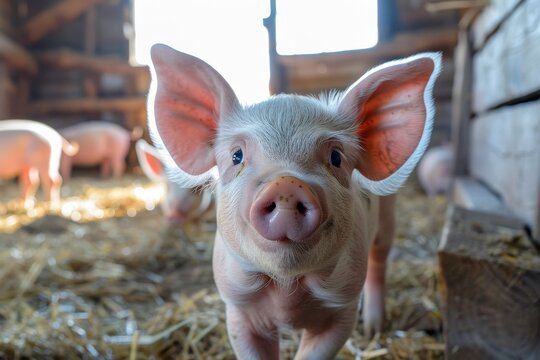 Curious piglet in a barn