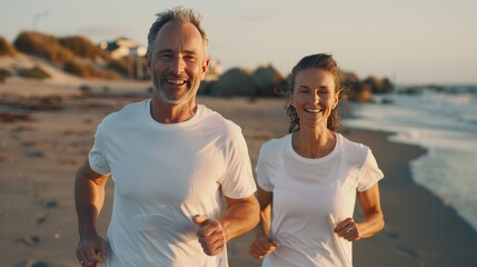 Photo of middle aged man and woman in sportswear running on the beach. Generate AI image - Powered by Adobe
