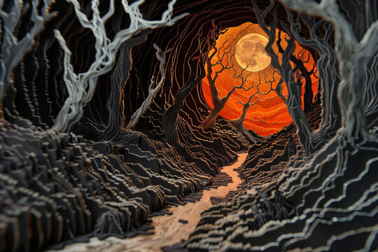 A visionary journey through Hell paper cut art showing fiendish landscapes and tormented souls deeply intricate