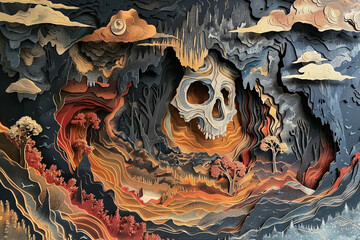 A visionary journey through Hell paper cut art showing fiendish landscapes and tormented souls deeply intricate