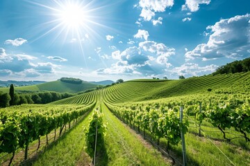 Fototapeta premium Vineyard with grape vines on a hill under a bright sky