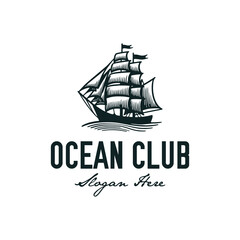 vintage logo sailing ship hand drawn vector illustration