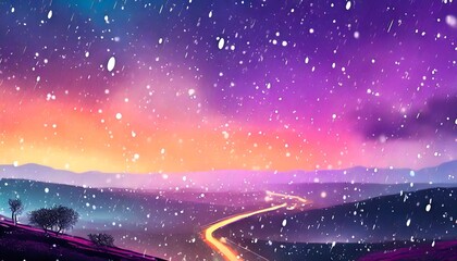 A mesmerizing 3D render of a clear sky with rain and snow falling simultaneously, creating a surreal and captivating scene