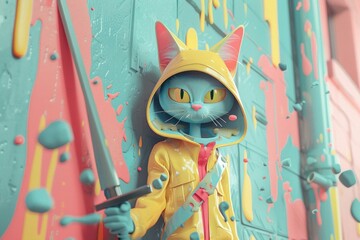 An illustrated comic-style cityscape featuring a cat detective with a katana, discombobulating criminals with swift justice