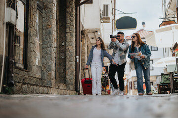 Three young tourists with a suitcase casually exploring a picturesque European city street, capturing memories and consulting a map on a sunny day.