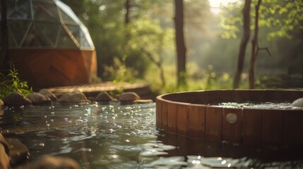 A wooden hot tub outside a geodesic dome offering a natural and soothing soak amidst the peacefulness of nature for a better sleep. 2d flat cartoon. - obrazy, fototapety, plakaty