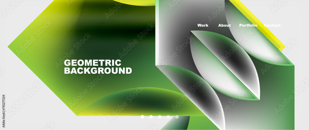 Poster A geometric background featuring green and yellow shapes resembling terrestrial plants on a white backdrop, creating a refreshing and vibrant display with a touch of transparency