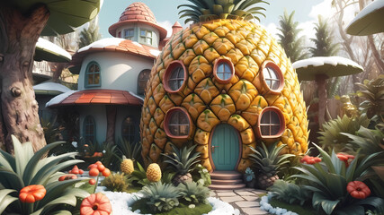 A pineapple-shaped organic house design in the fairy garden, adorable, beautiful modern house design, beautiful environment flowers around the house, soft sunlight, winter season, photo real, realisti