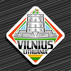 Vector logo for Vilnius, white rhomb road sign with line illustration of famous gediminas tower in vilnius on day sky background, decorative urban refrigerator magnet with black text vilnius lithuania