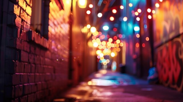 Defocused Electric Dreams The gritty alleyway transforms into a bustling nightlife scene with defocused neon lights creating a flickering backdrop of surreal colors. .