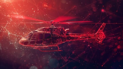 Helicopter flying, from futuristic polygonal red lines and glowing stars for banner, poster, greeting card. AI generated - obrazy, fototapety, plakaty