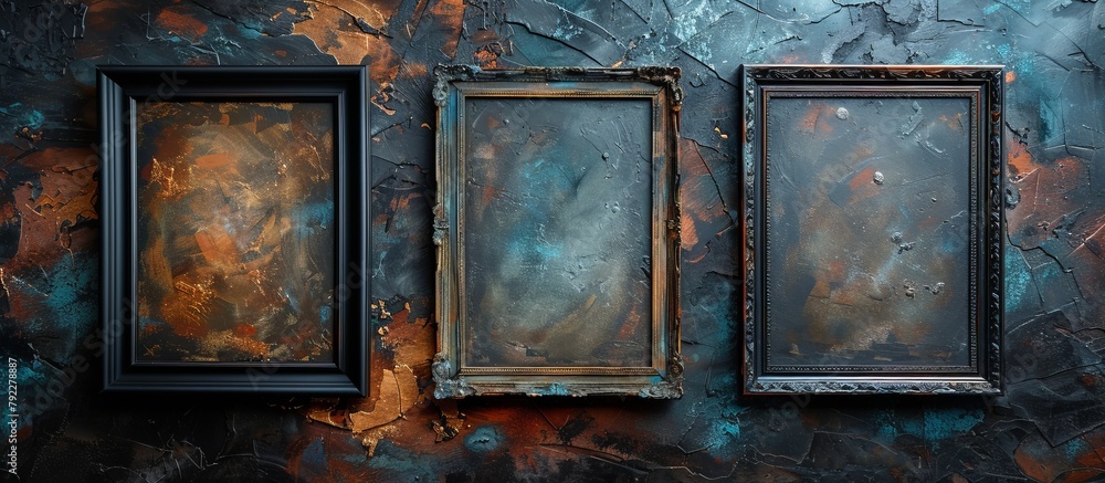 Aufkleber three identical empty picture frames are mounted on a weathered, rusty wall with a background of rus