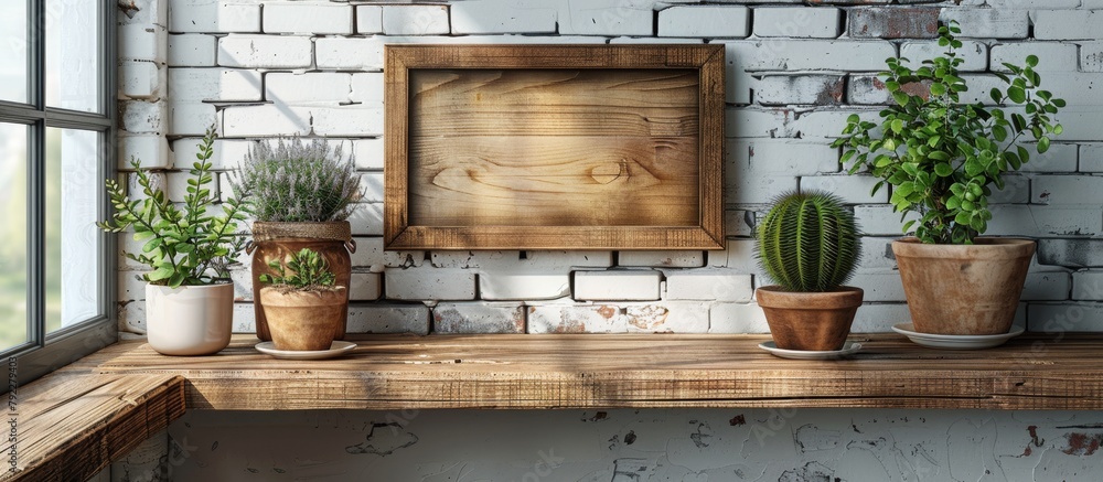 Poster a simple wooden shelf displaying various potted plants and a wooden sign placed on it in a rustic se