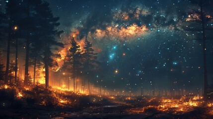 Forest in Fires with Night Sky Full Of Stars