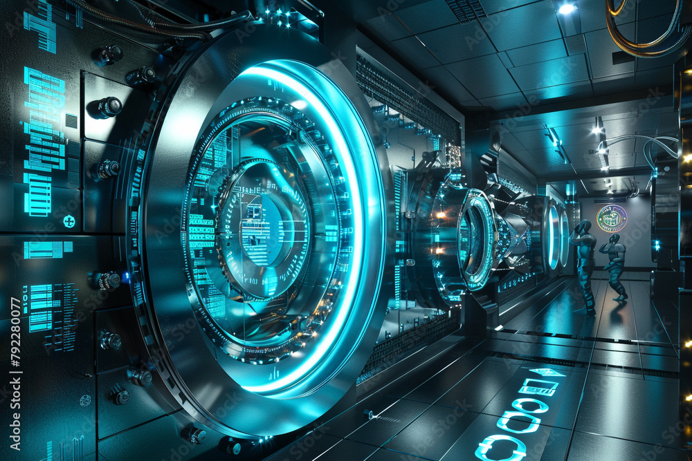 Poster an imaginative 3d scene showing a holographic vault containing the worlds most protected data