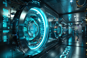 An imaginative 3D scene showing a holographic vault containing the worlds most protected data