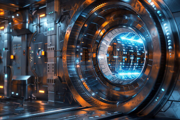 An imaginative 3D scene showing a holographic vault containing the worlds most protected data