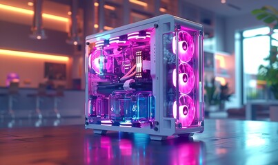 rgb gaming pc with white case on white background 
