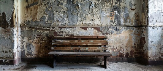 An aged wooden bench is placed in a deteriorated room with peeling paint on the walls and floor