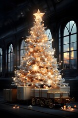 Christmas tree and presents on the background of the window. 3d rendering